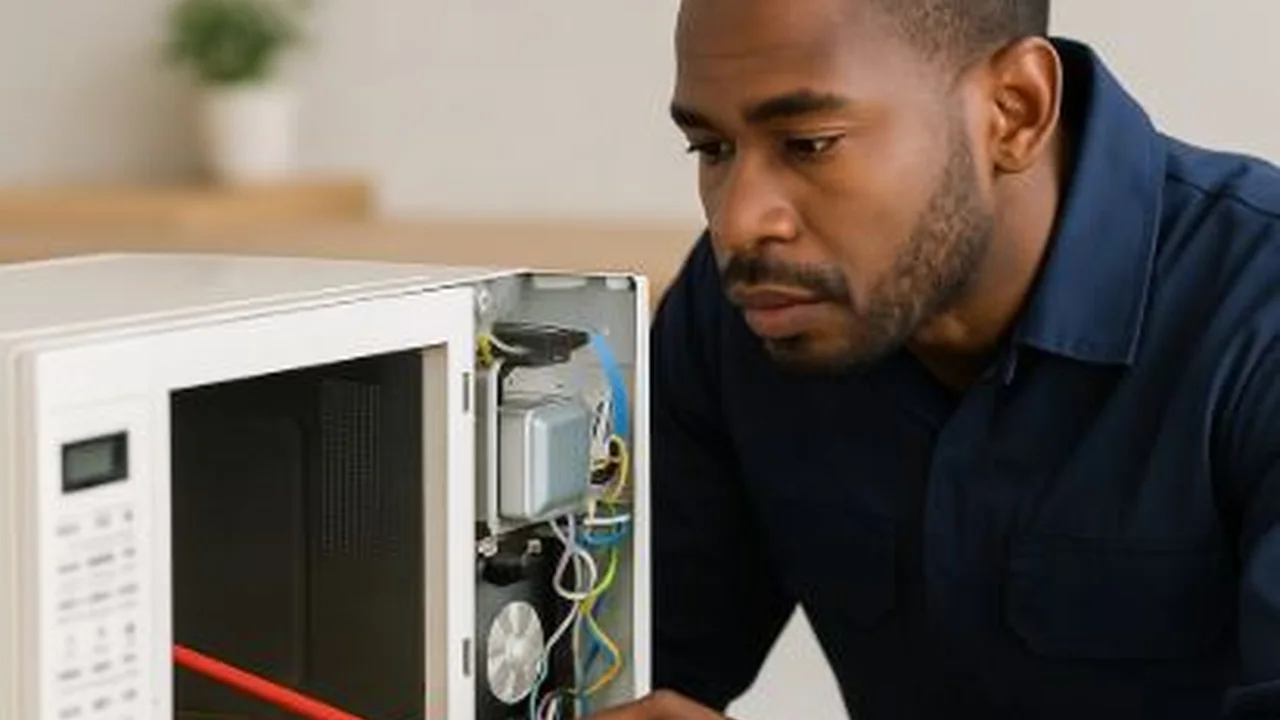 Technician inspecting the inside of a microwave oven with a screwdriver