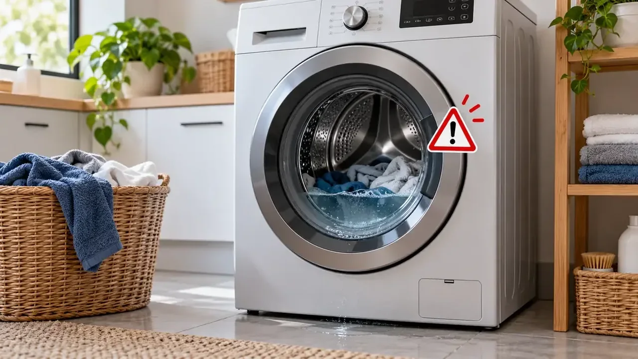 Washing machine with standing water in the drum and warning symbol, showing a spin or drainage problem
