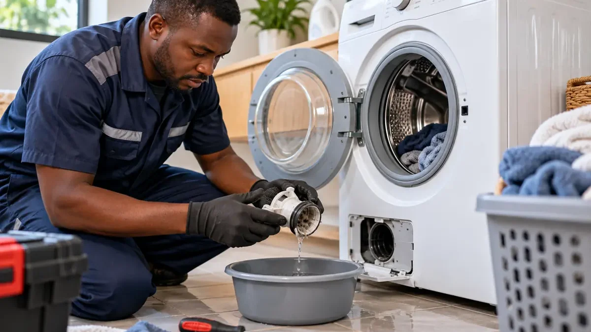 Appliance technician checking a washing machine drain filter with a water basin