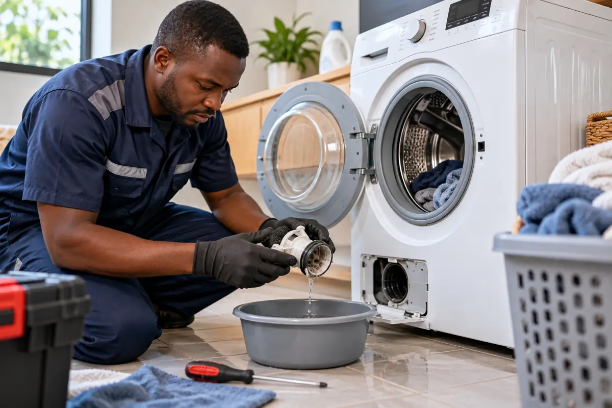 Appliance technician checking a washing machine drain filter with a water basin